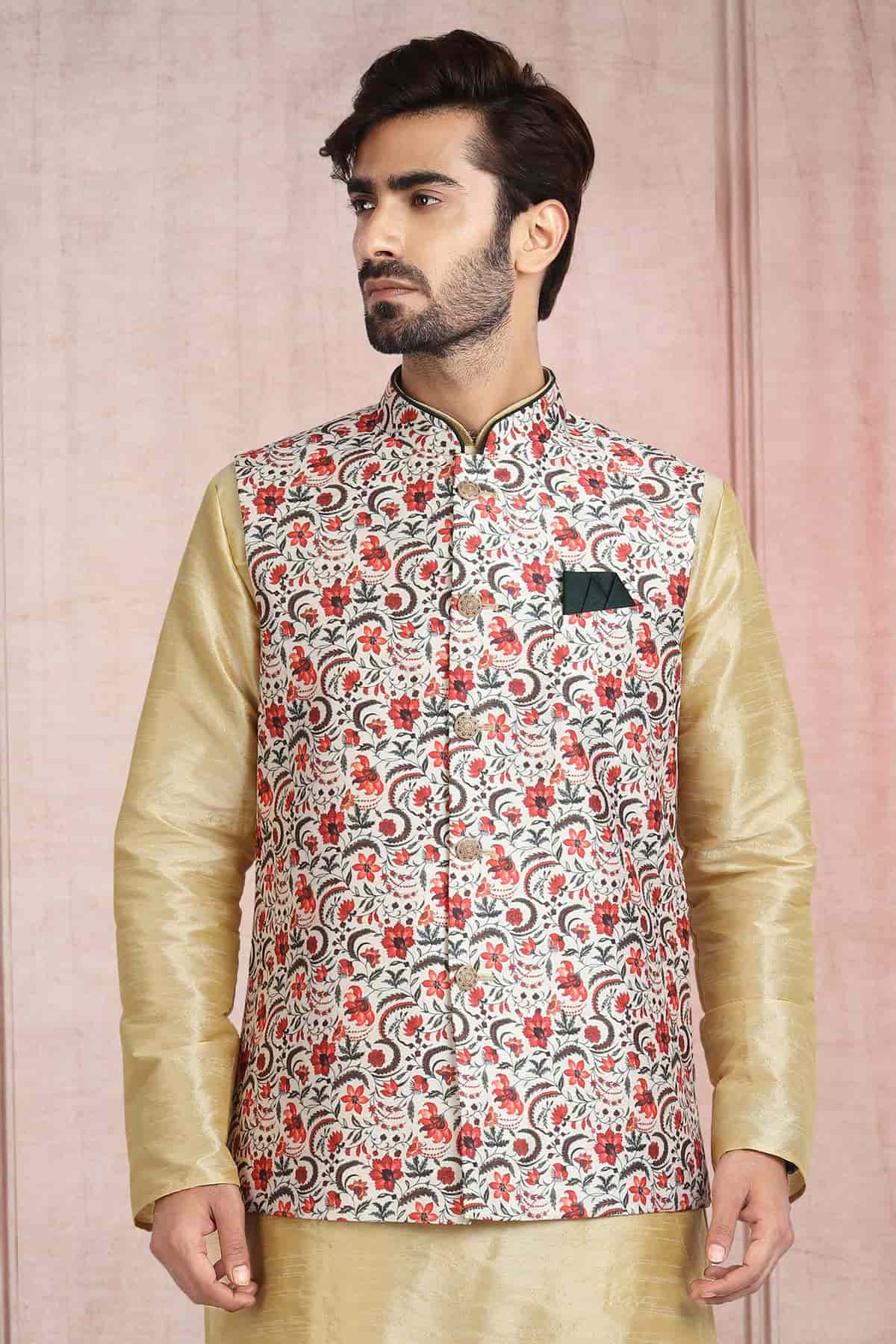 Cream Colour Banarasi Silk Digital Printed Kurta Pajama With Jacket