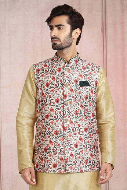 Cream Colour Banarasi Silk Digital Printed Kurta Pajama With Jacket