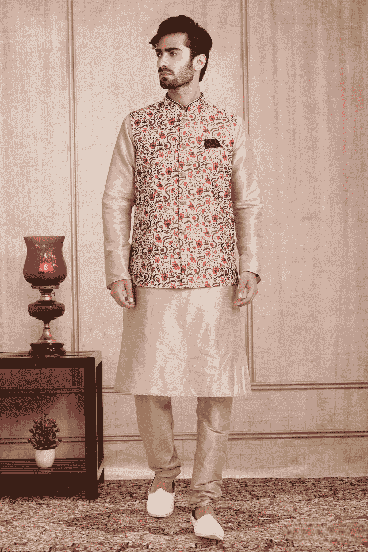 Cream Colour Banarasi Silk Digital Printed Kurta Pajama With Jacket