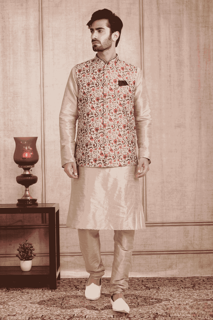 Cream Colour Banarasi Silk Digital Printed Kurta Pajama With Jacket