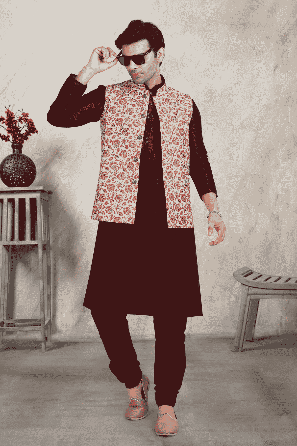 Cream Colour Banarasi Silk Digital Printed Kurta Pajama With Jacket