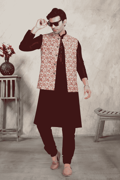 Cream Colour Banarasi Silk Digital Printed Kurta Pajama With Jacket