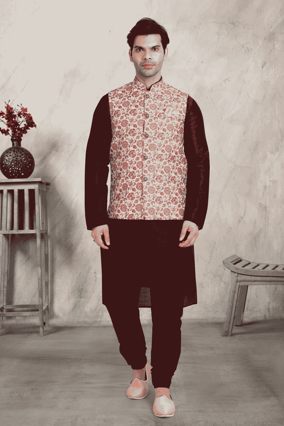 Cream Colour Banarasi Silk Digital Printed Kurta Pajama With Jacket