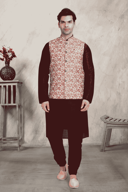 Cream Colour Banarasi Silk Digital Printed Kurta Pajama With Jacket