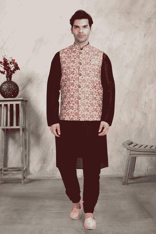 Cream Colour Banarasi Silk Digital Printed Kurta Pajama With Jacket