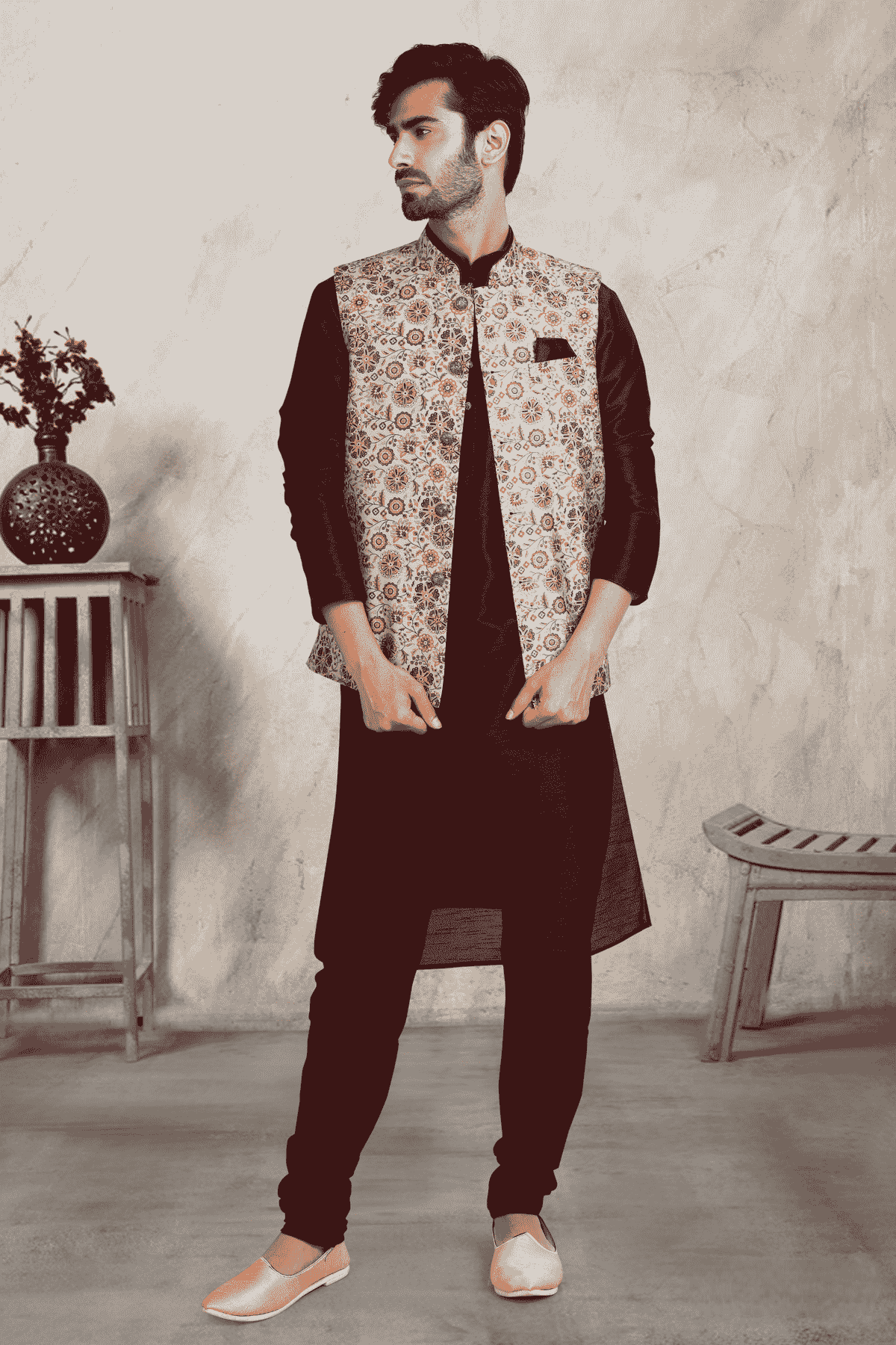 Cream Colour Banarasi Silk Digital Printed Kurta Pajama With Jacket