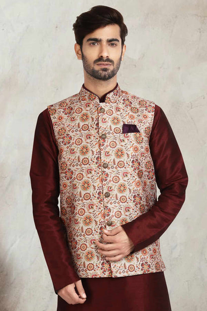 Cream Colour Banarasi Silk Digital Printed Kurta Pajama With Jacket