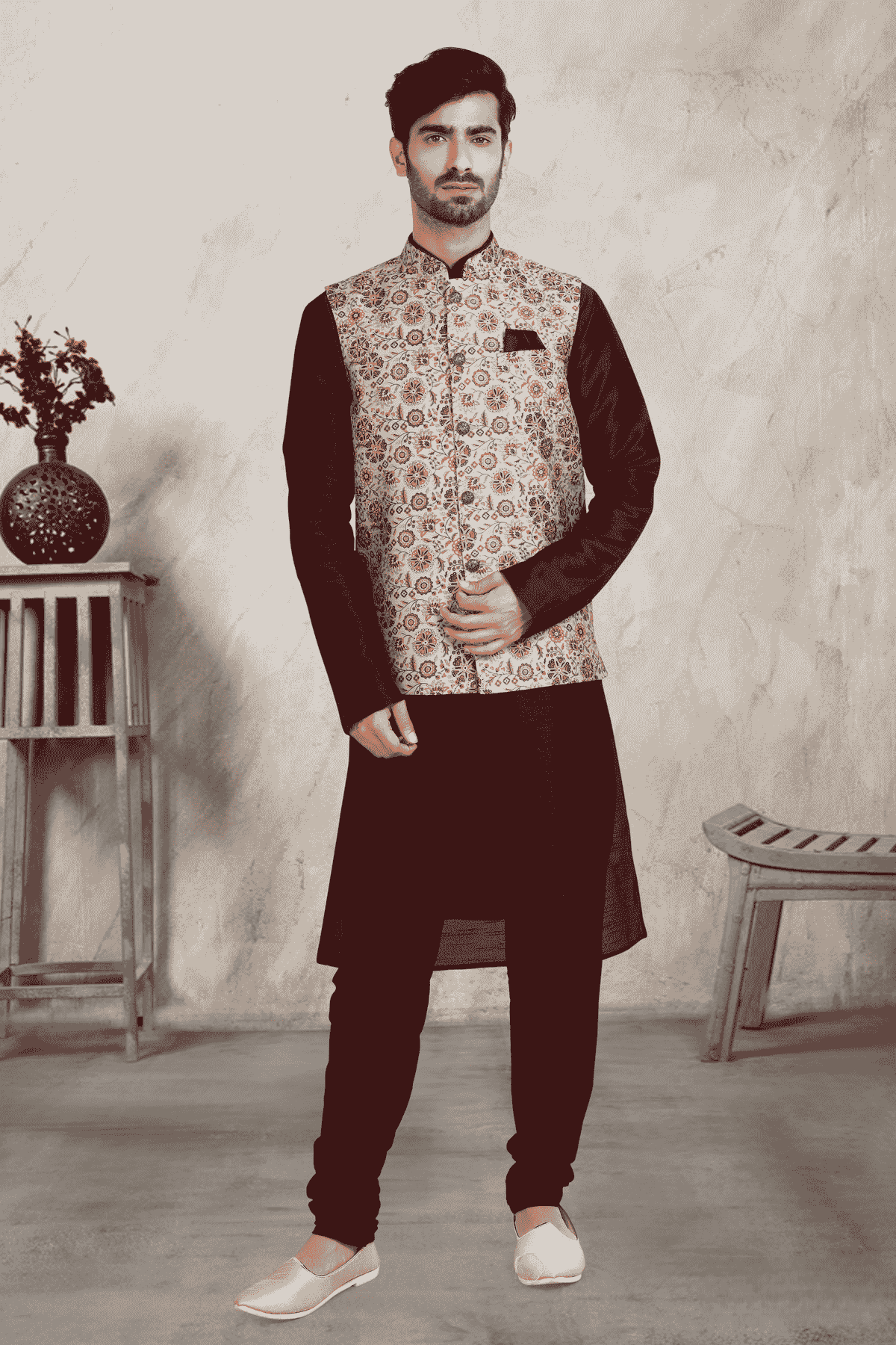 Cream Colour Banarasi Silk Digital Printed Kurta Pajama With Jacket