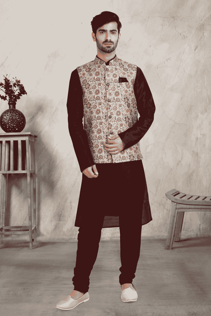 Cream Colour Banarasi Silk Digital Printed Kurta Pajama With Jacket