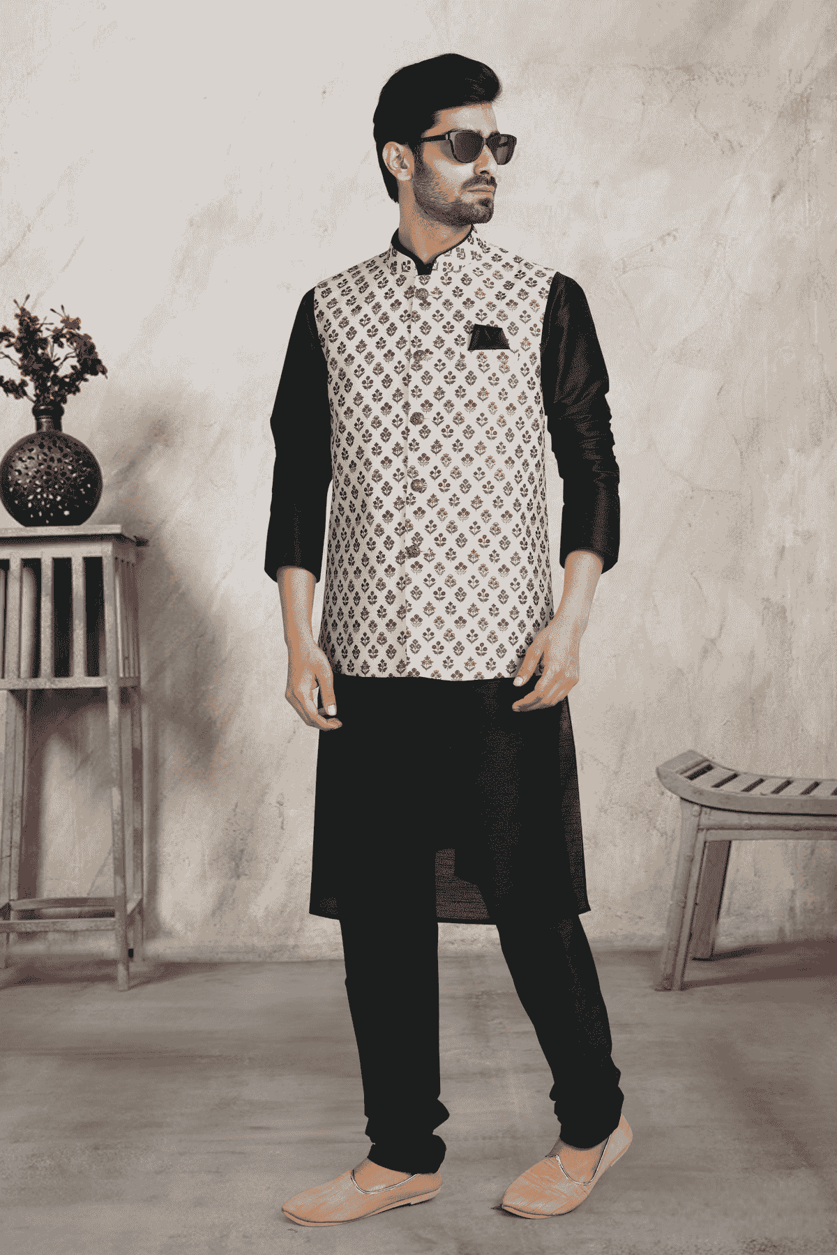 Cream Colour Banarasi Silk Digital Printed Kurta Pajama With Jacket