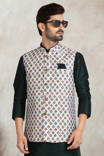 Cream Colour Banarasi Silk Digital Printed Kurta Pajama With Jacket