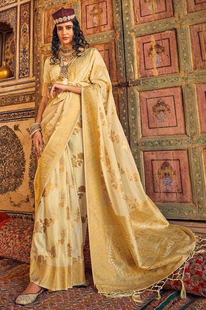 Cream Colour Chinon Georgette Woven Work Saree SD1290086