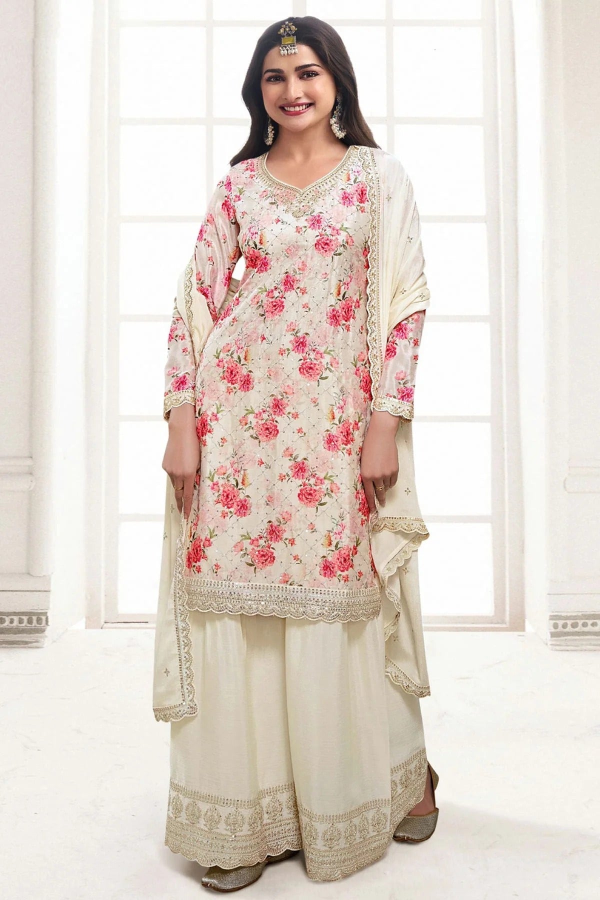 Cream Colour Chinon Sharara Suit SM1110675
