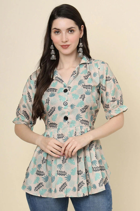 Cream Colour Cotton Printed Work Readymade Top TP1110774