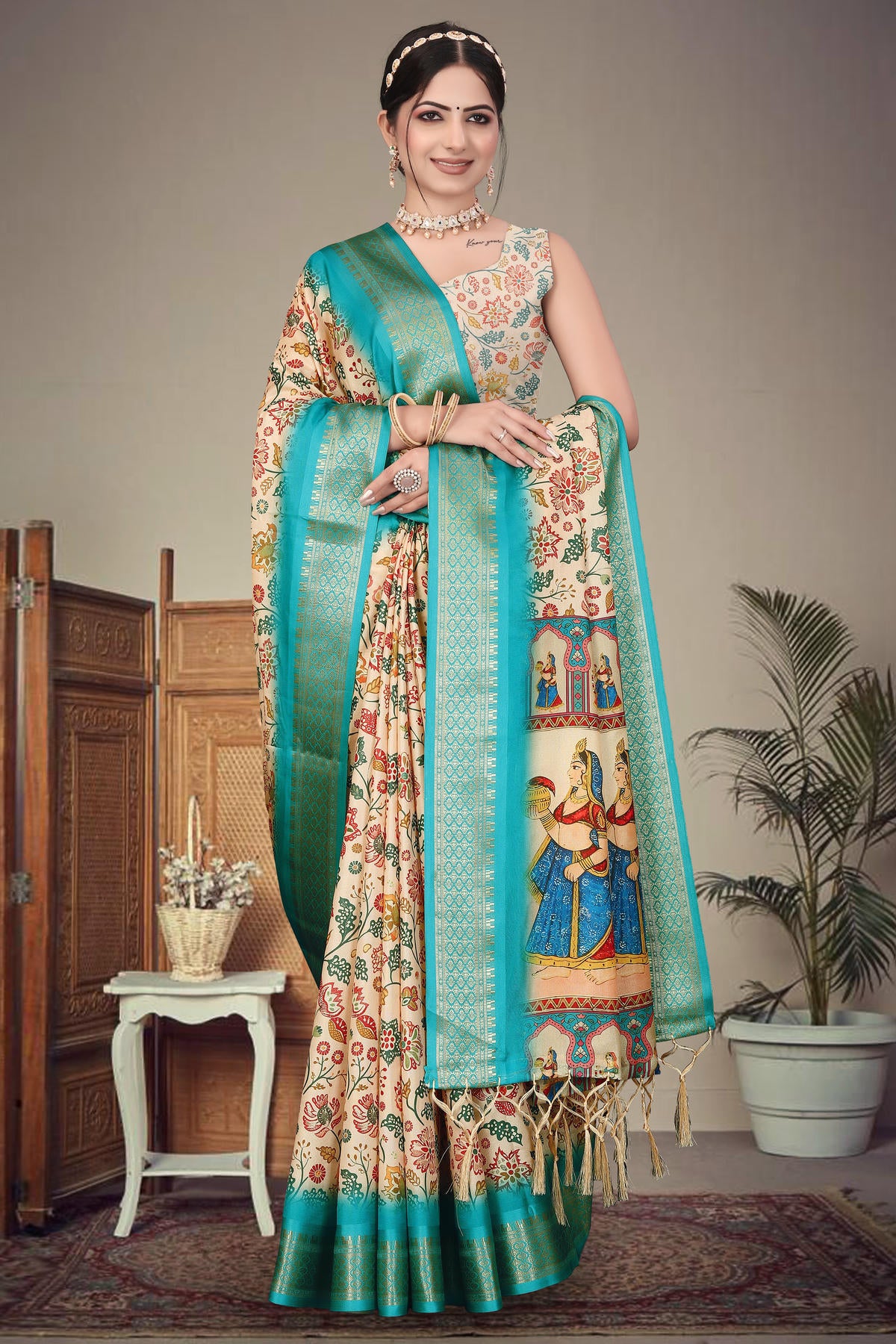 Cream Colour Cotton Silk Printed Saree