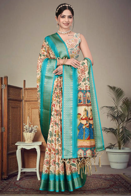 Cream Colour Cotton Silk Printed Saree