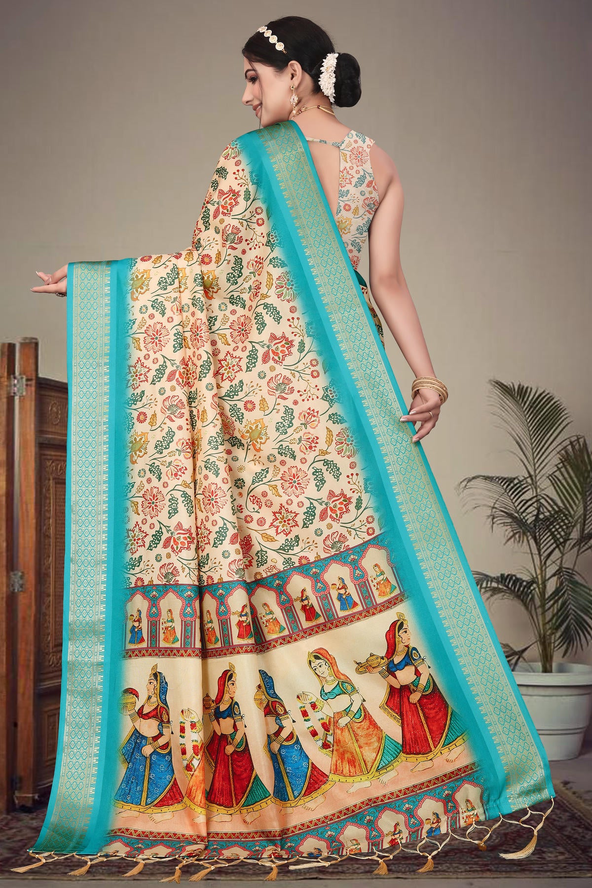Cream Colour Cotton Silk Printed Saree