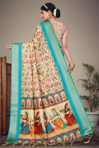 Cream Colour Cotton Silk Printed Saree