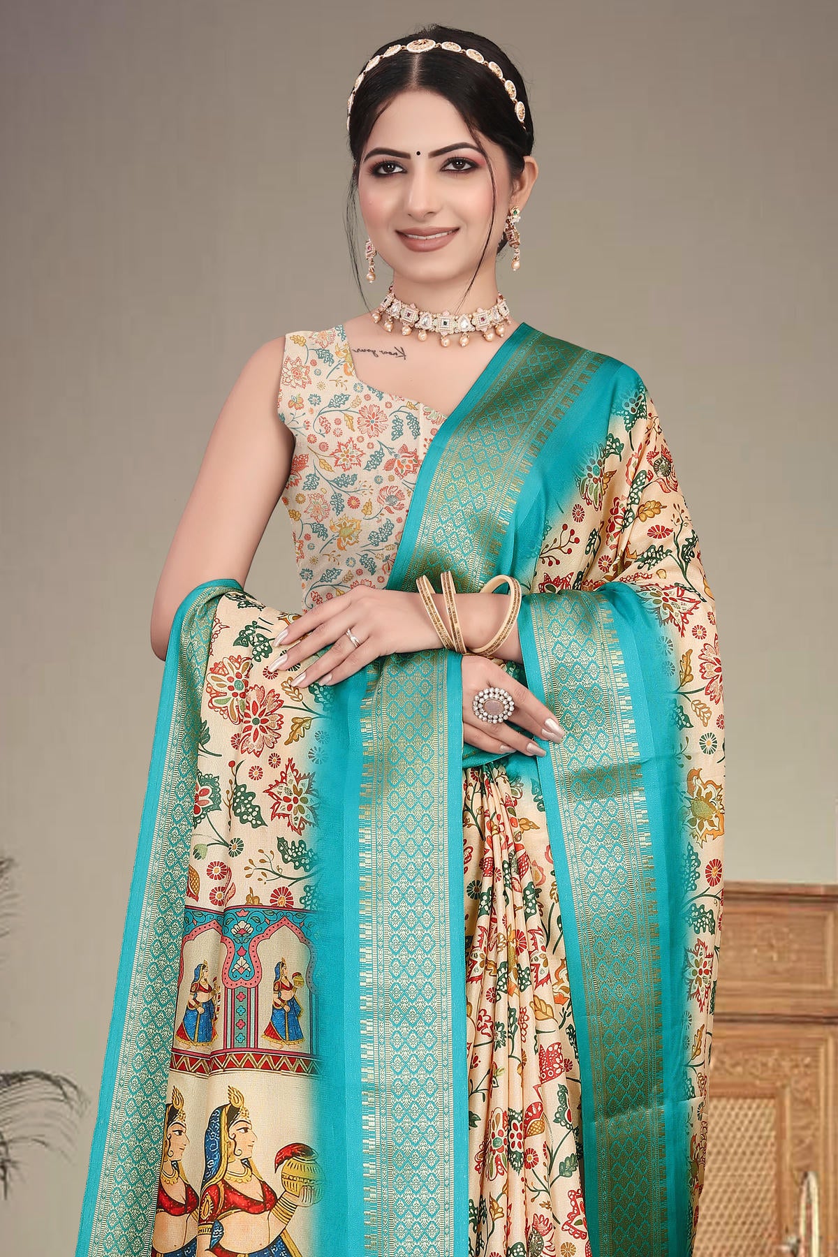 Cream Colour Cotton Silk Printed Saree