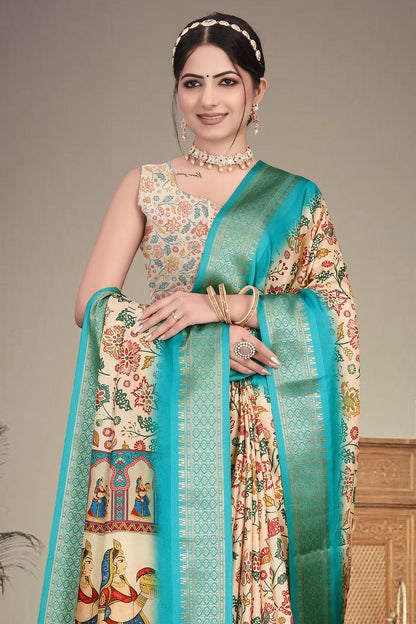 Cream Colour Cotton Silk Printed Saree