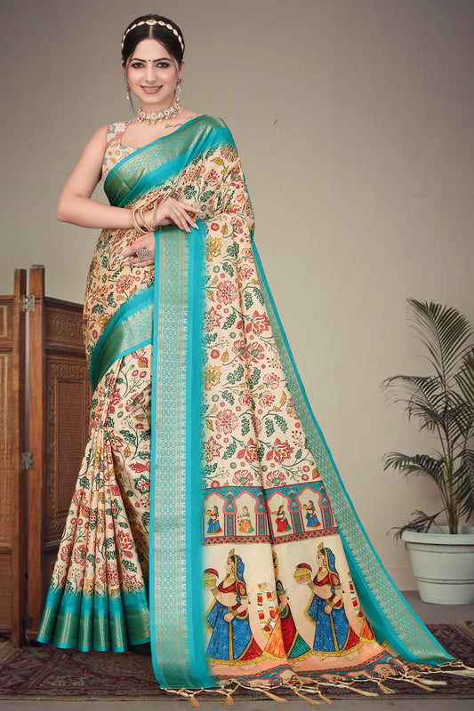 Cream Colour Cotton Silk Printed Saree
