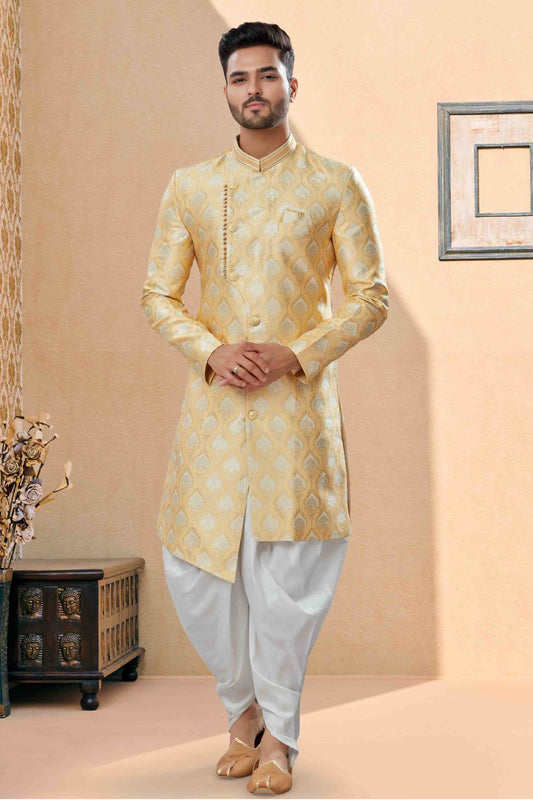 Cream Colour Dhoti Sherwani In Banarasi Jacquard Fabric SH1040399