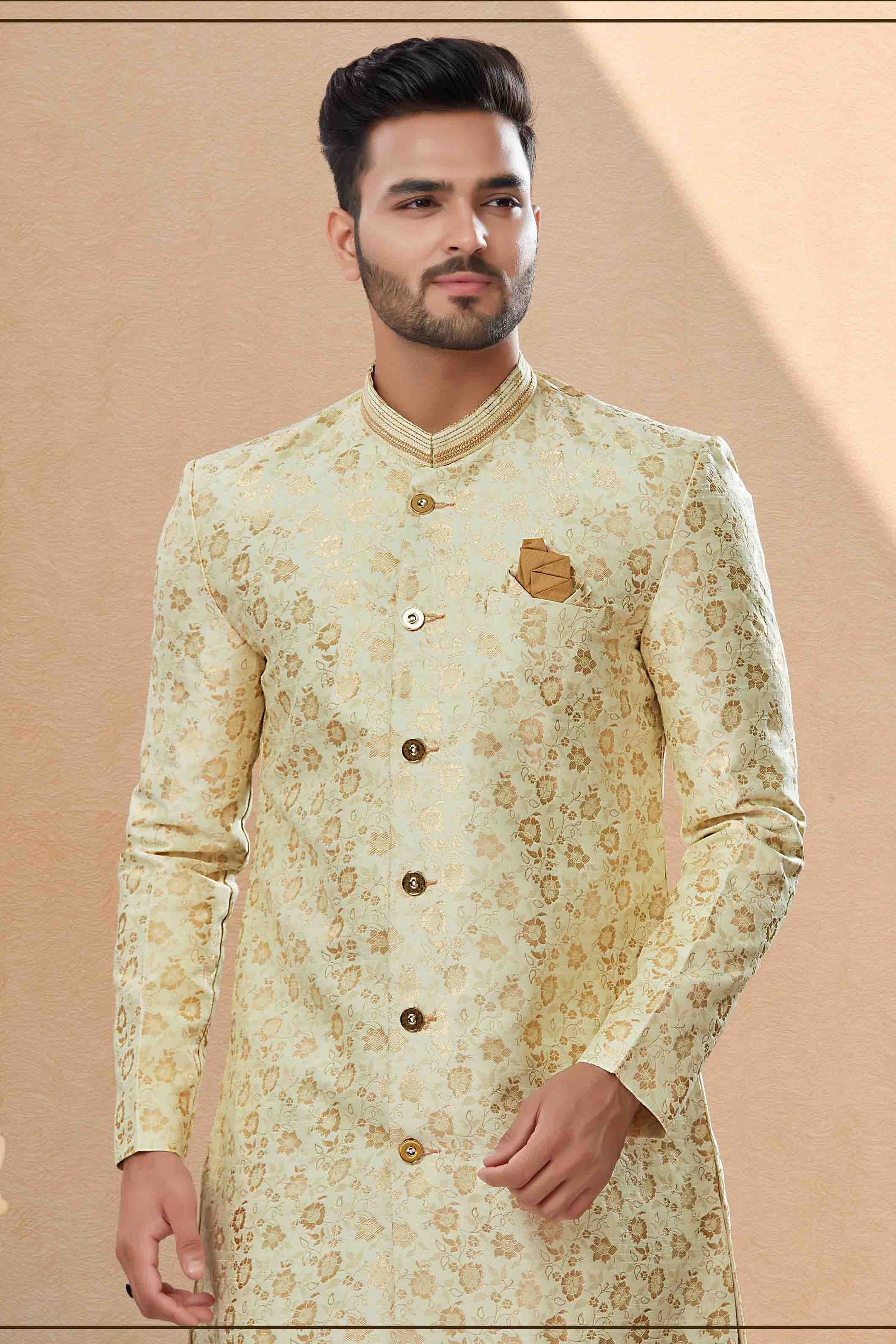 Cream Colour Dhoti Sherwani In Banarasi Jacquard Fabric SH1040405 A
