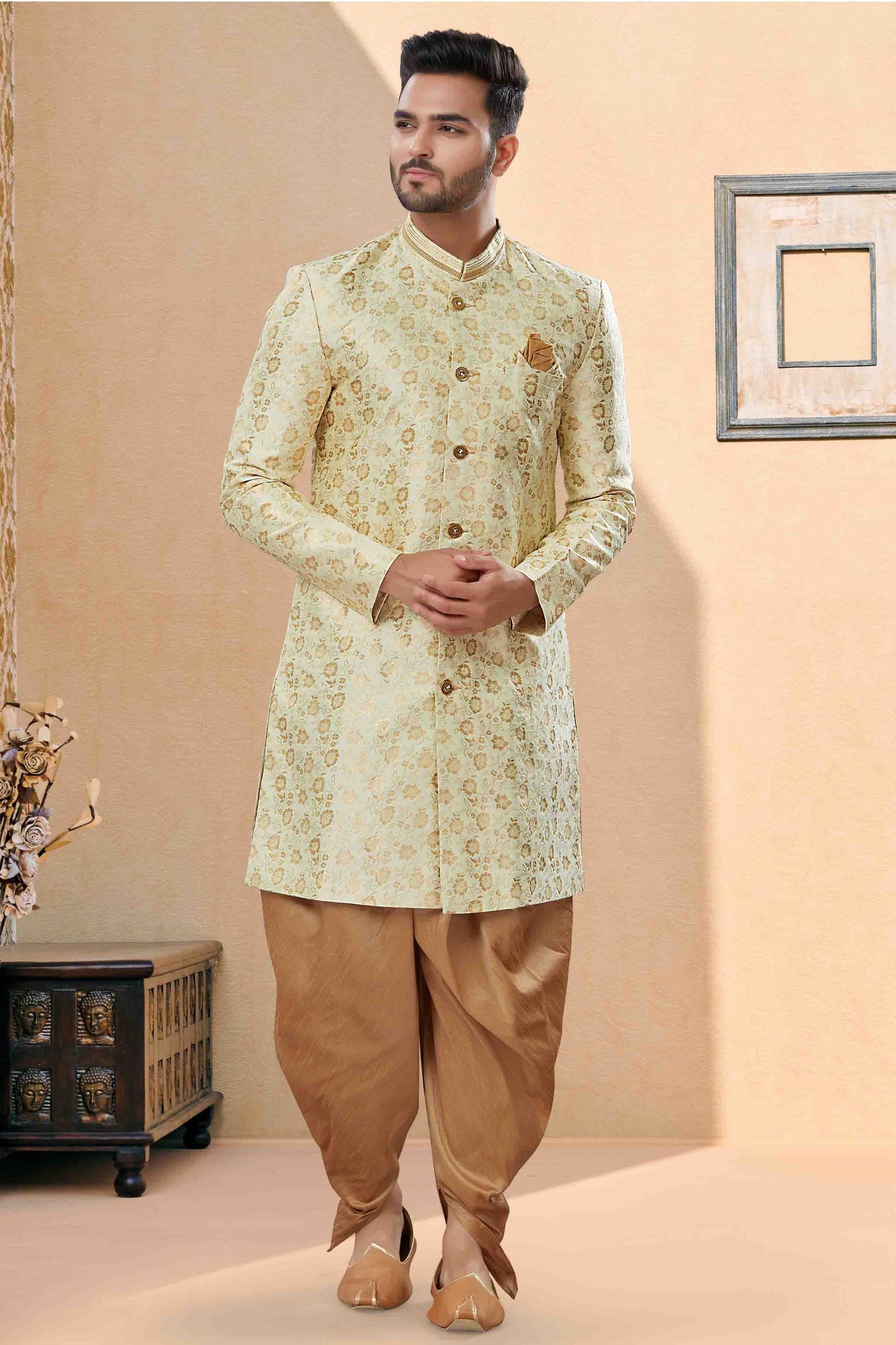 Cream Colour Dhoti Sherwani In Banarasi Jacquard Fabric SH1040405