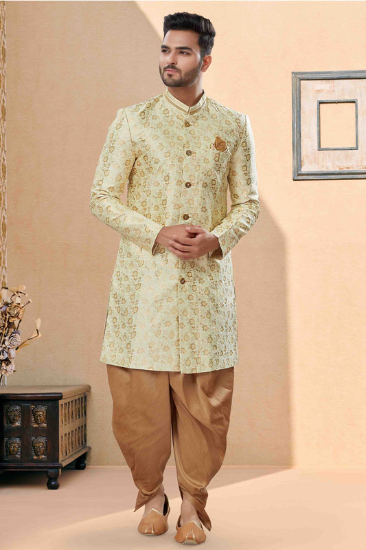 Cream Colour Dhoti Sherwani In Banarasi Jacquard Fabric SH1040405
