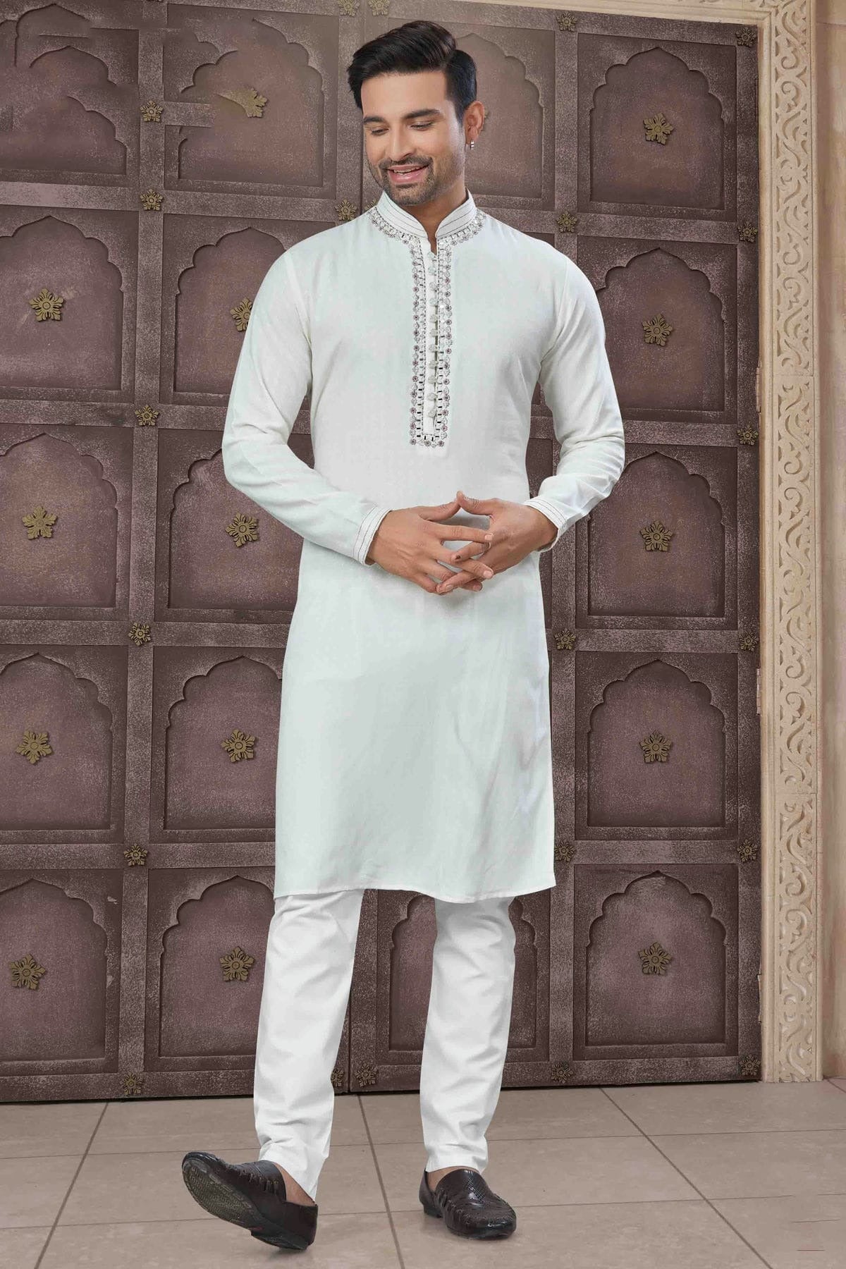 Cream Colour Embroidery Cotton Kurta Pajama KP1113459