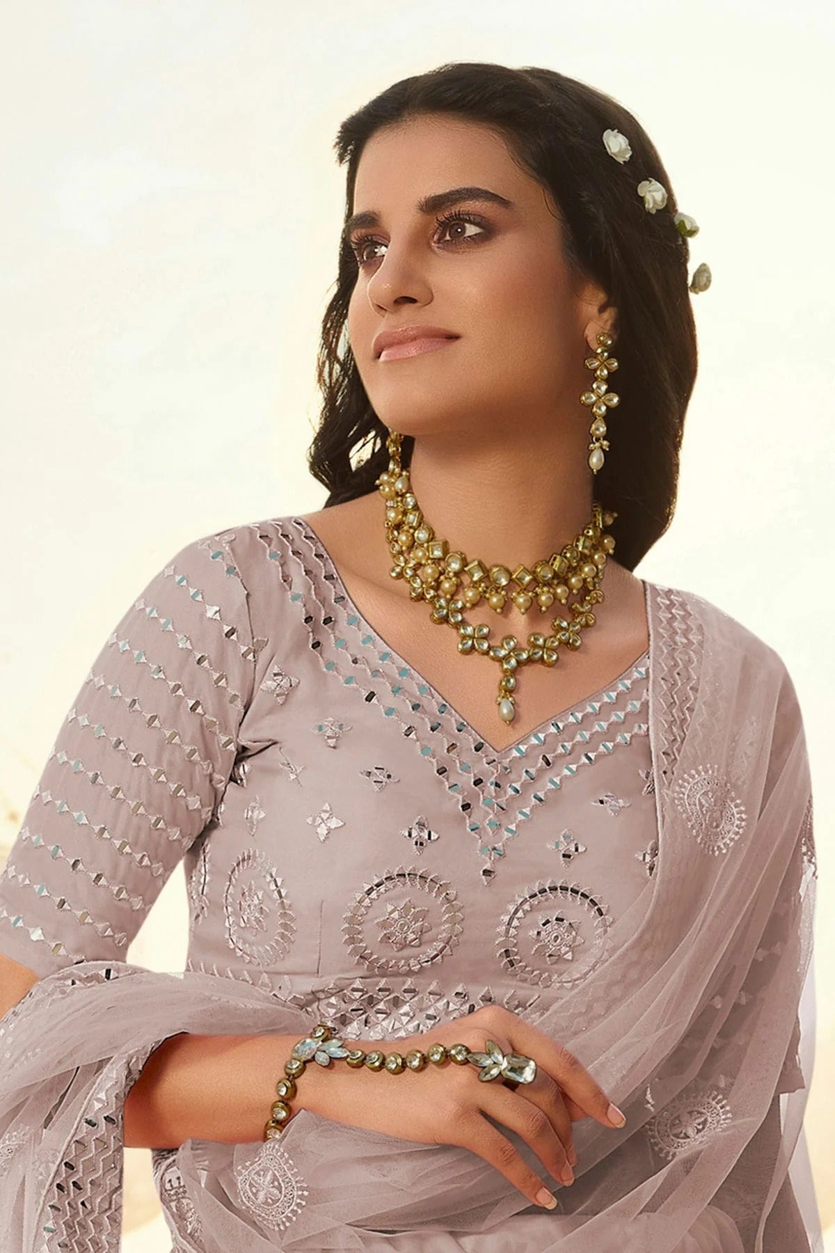 Cream Colour Embroidery Organza Lehenga Choli LD1080697 A
