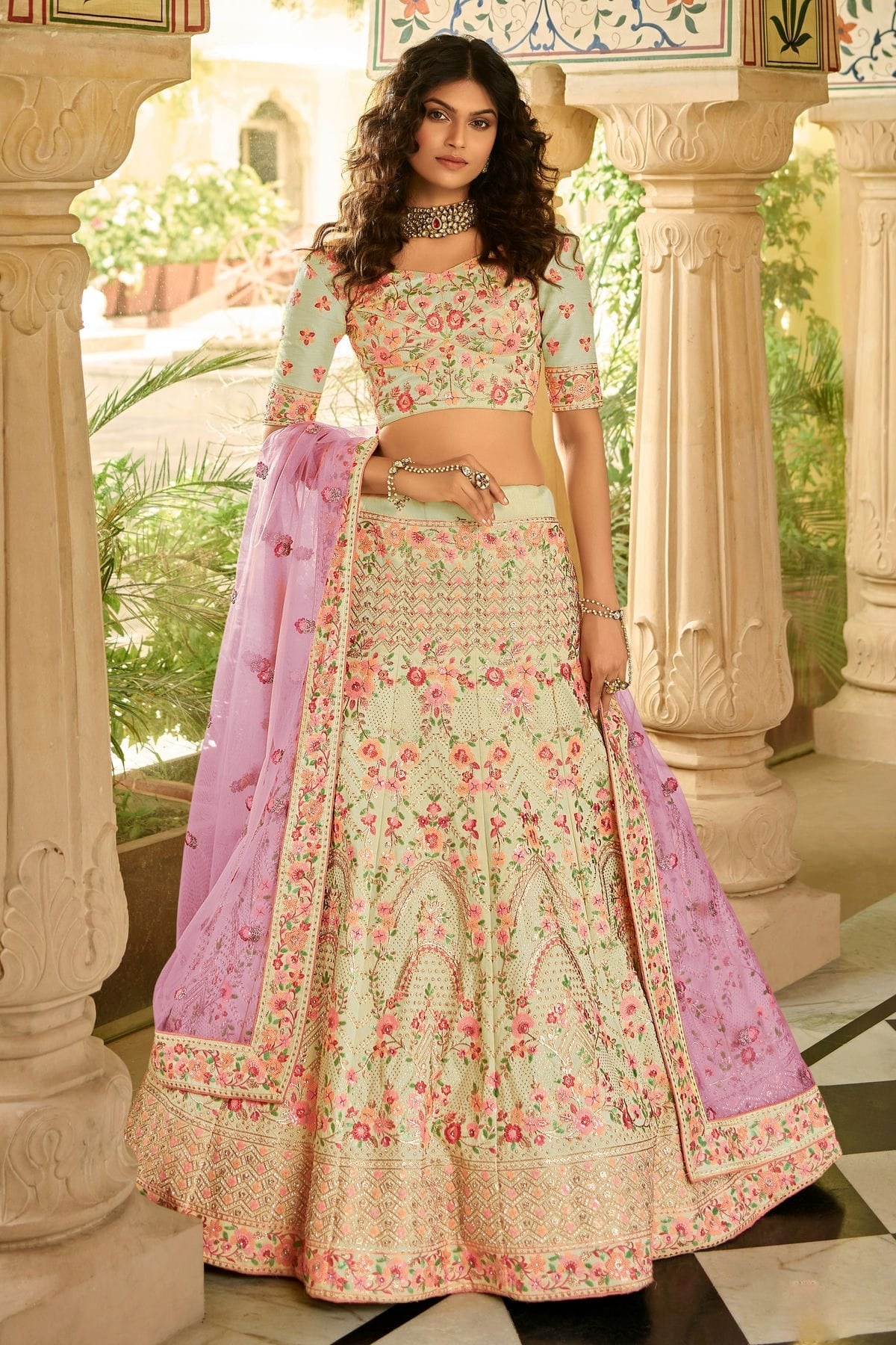 Cream Colour Embroidery Organza Lehenga Choli LD1080816 A