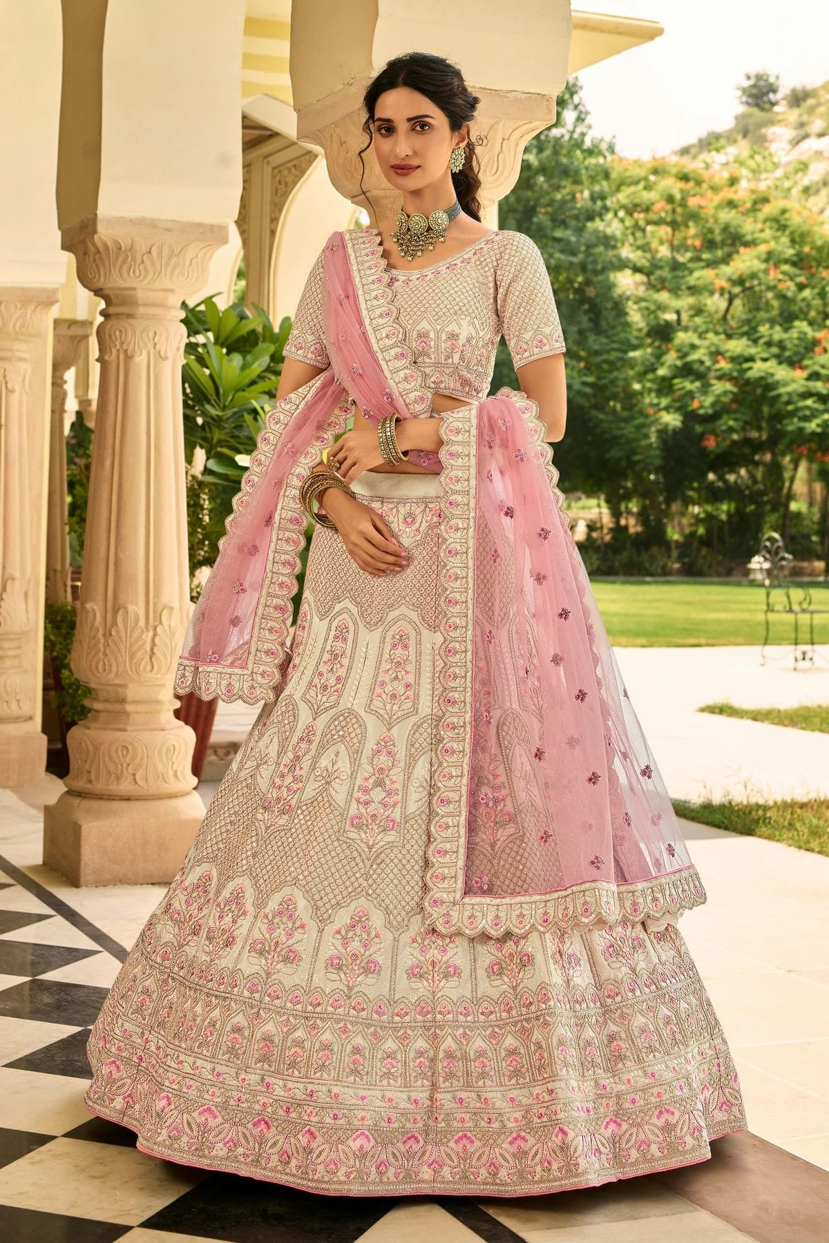 Cream Colour Embroidery Organza Lehenga Choli LD1080820 A