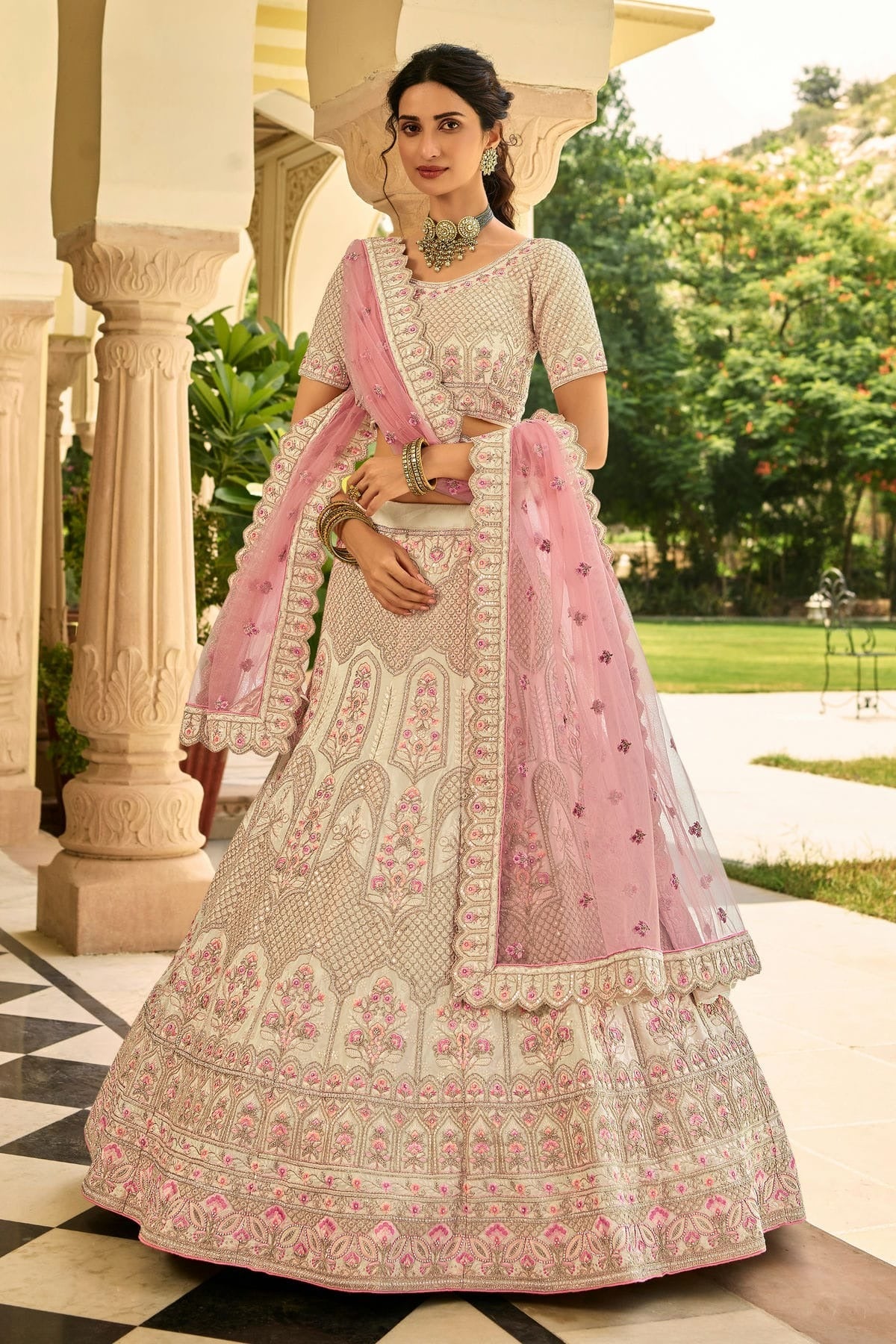 Cream Colour Embroidery Organza Lehenga Choli LD1080820