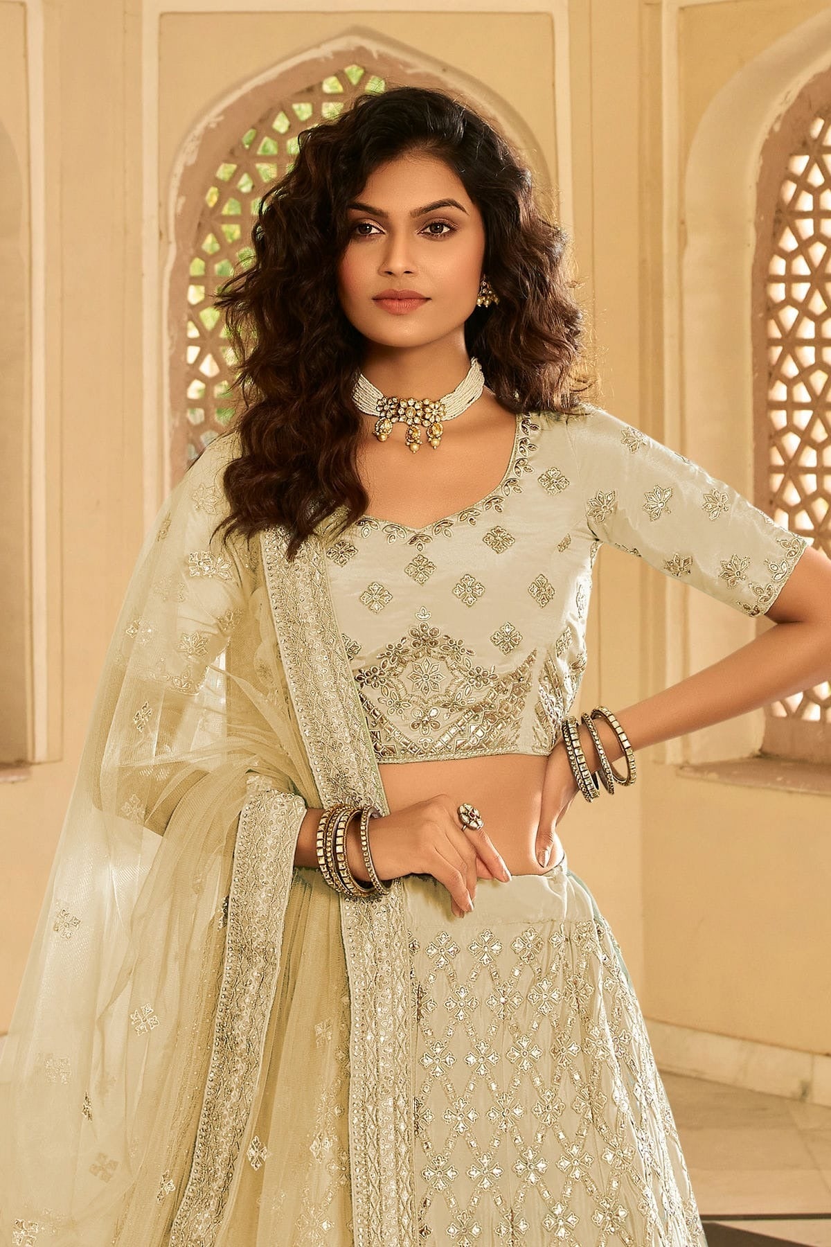 Cream Colour Embroidery Organza Lehenga Choli LD1080821 A