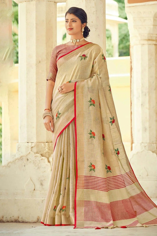 Cream Colour Embroidery Work Linen Saree SD1101368