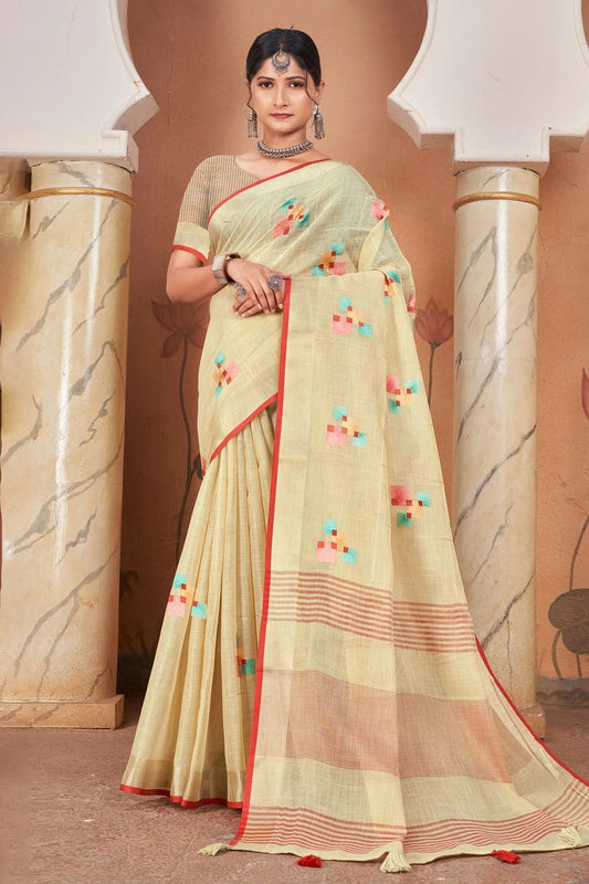 Cream Colour Embroidery Work Linen Saree SD1101430