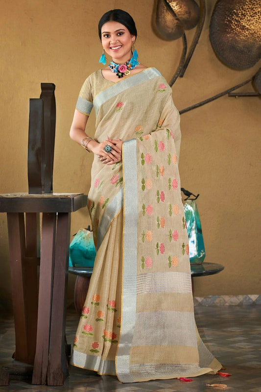 Cream Colour Embroidery Work Linen Saree SD1101539