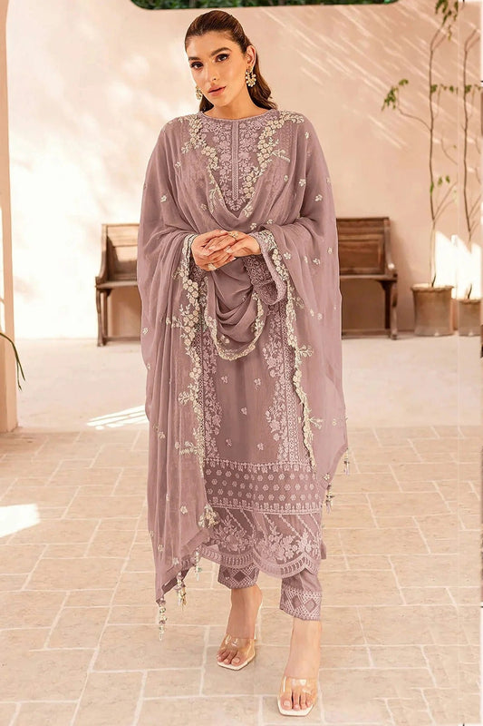 Cream Colour Faux Georgette Semi Stitched Pakistani Suit SM1140477