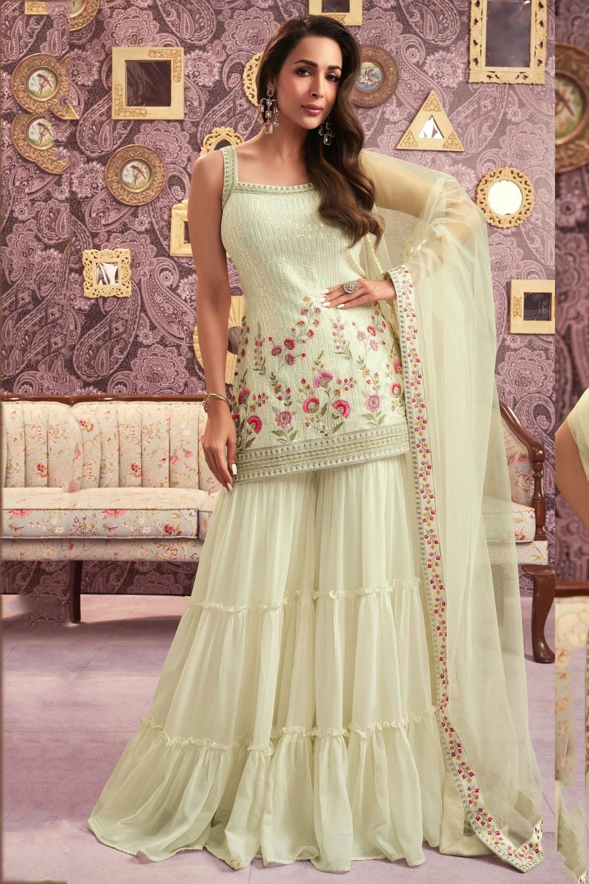 Cream Colour Faux Georgette Semi Stitched Sharara Suit SM1140487