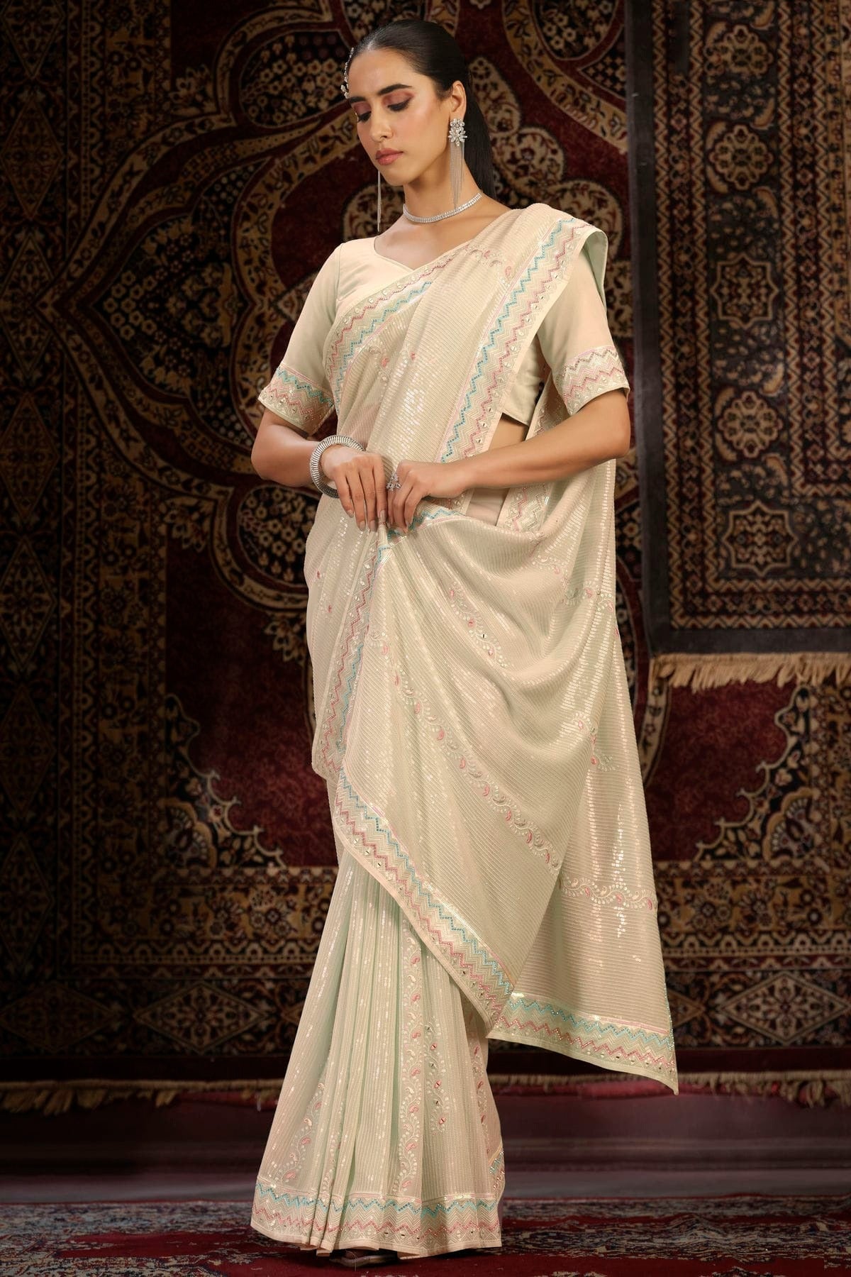 Cream Colour Georgette Designer Saree SD1080884 A
