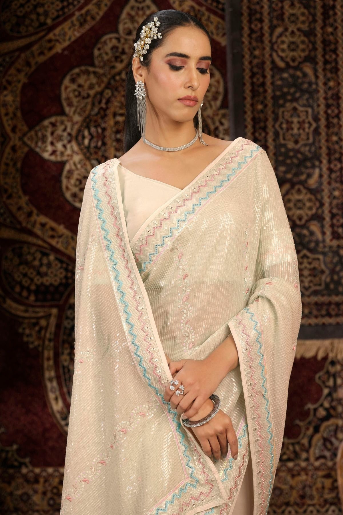 Cream Colour Georgette Designer Saree SD1080884 B