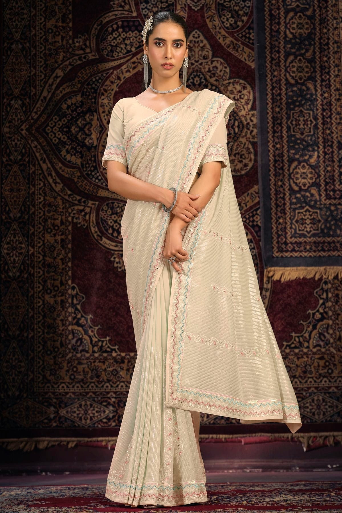 Cream Colour Georgette Designer Saree SD1080884