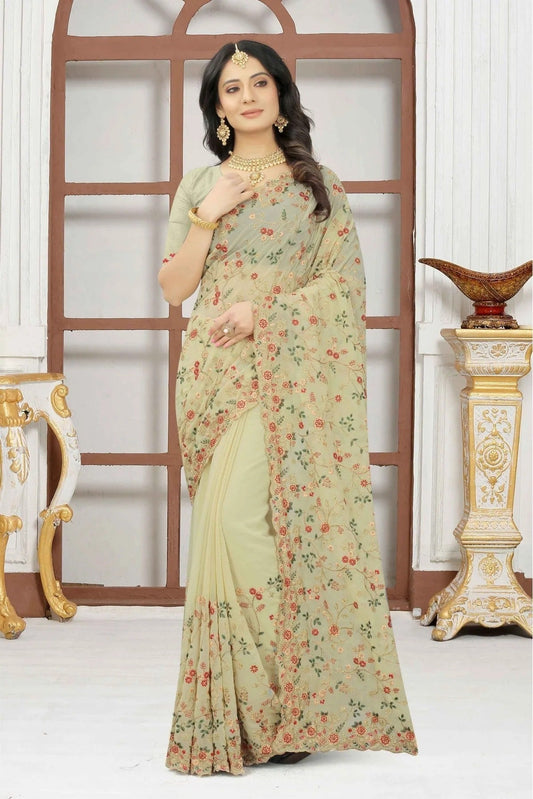 Cream Colour Georgette Embroidery Saree SD1090319