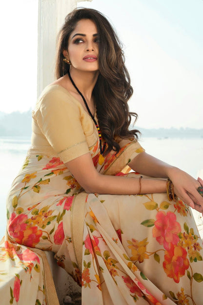 Cream Colour Georgette Printed Saree SD1180073 A