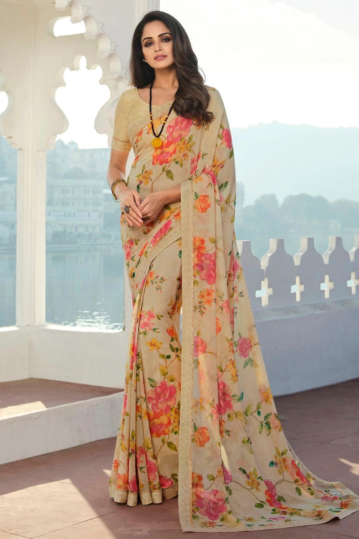 Cream Colour Georgette Printed Saree SD1180073
