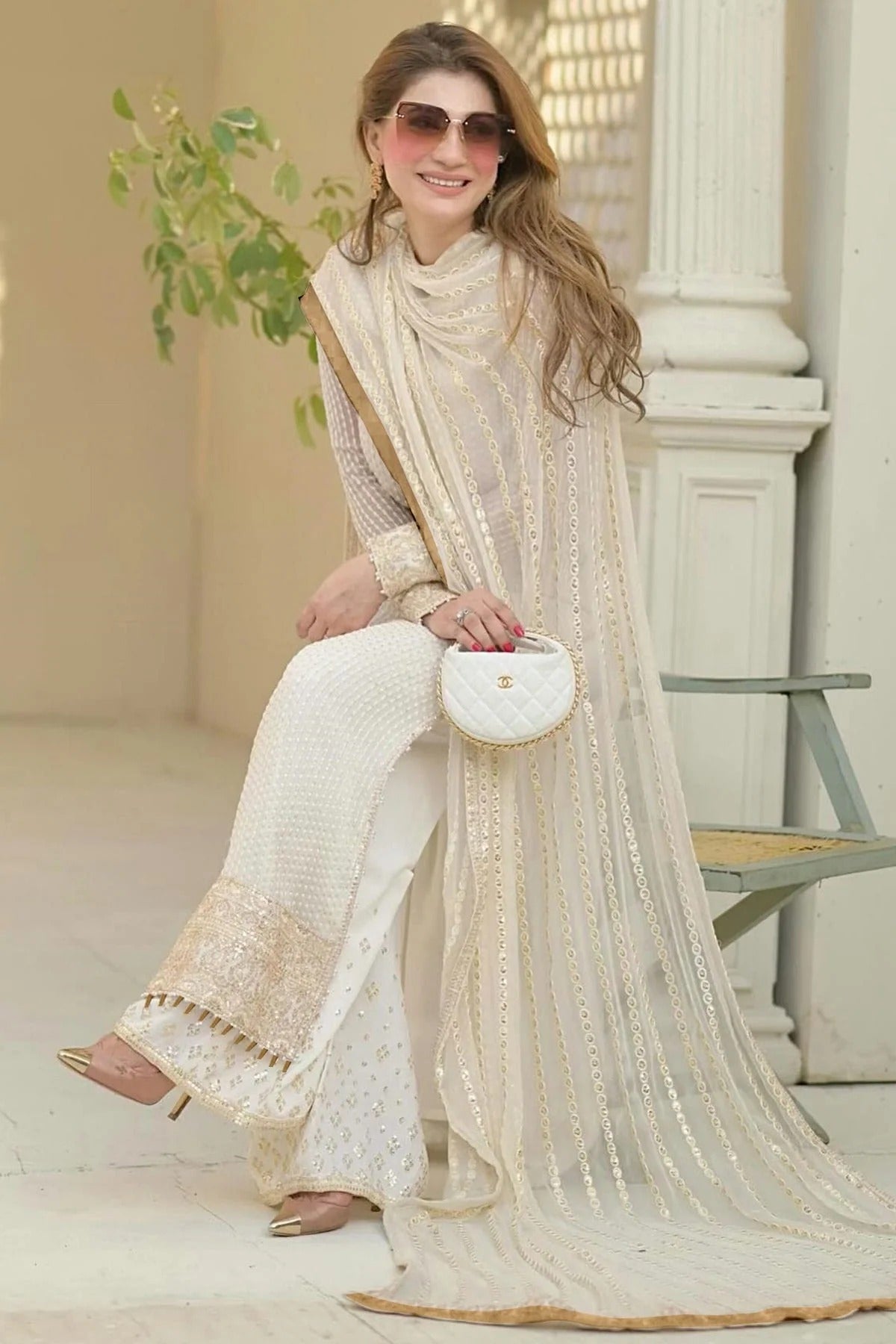 Cream Colour Georgette Semi Stitched Pakistani Suit SM1250215 A