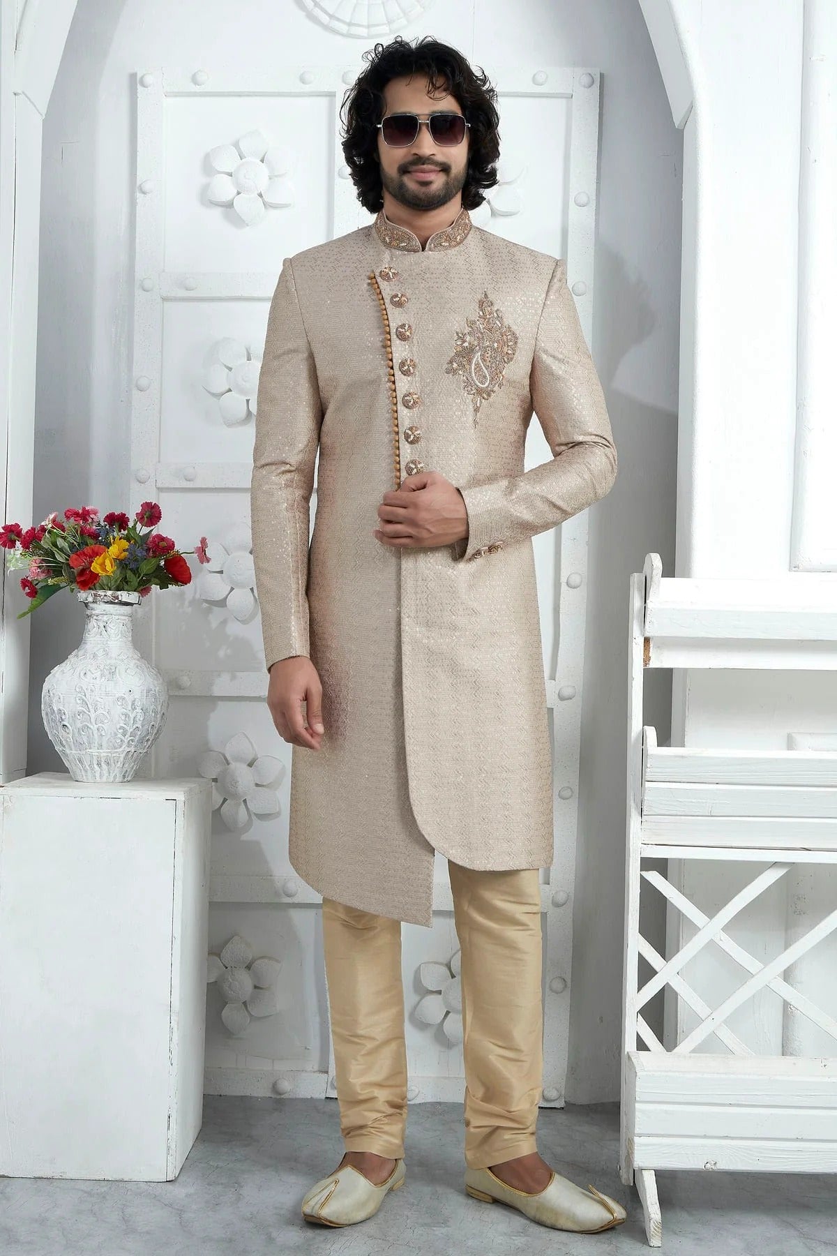 Cream Colour Georgette Sherwani With Churidar Pant SH1230075 A