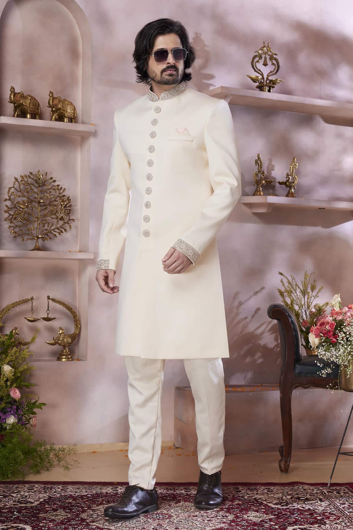 Cream Colour Imported Embroidery Work Sherwani