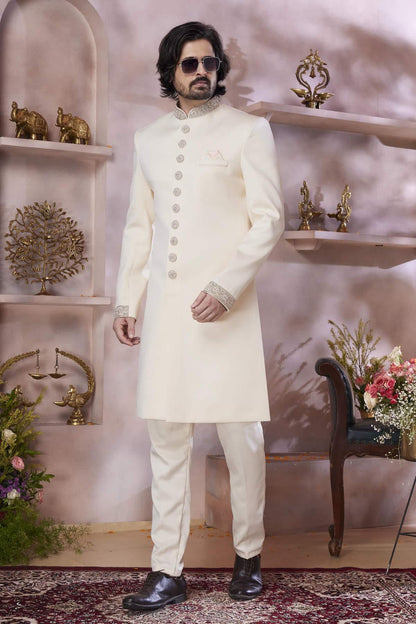 Cream Colour Imported Embroidery Work Sherwani